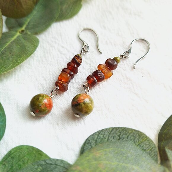 Earthy Boho Gemstone Earrings, Unakite & Sea Glass Earrings, Rustic Western - Picture 5 of 7